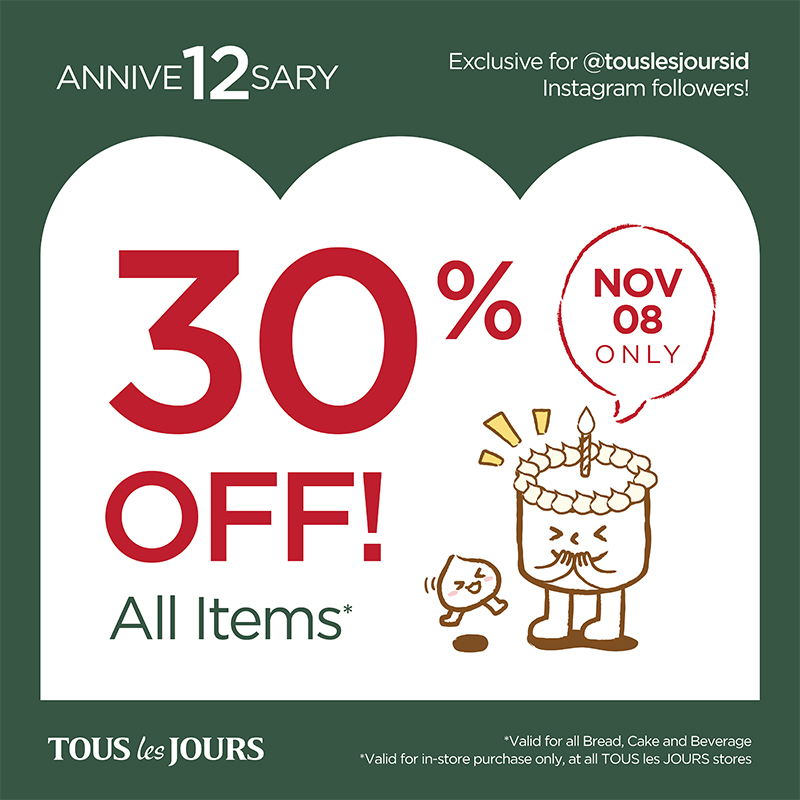 Tous Les Jours Cafe Annive12sary 30% Off